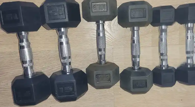 A different weight sets of BalanceFrom Barbell Hex dumbbells.