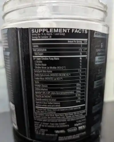 Supplement Facts label on a jar of Cellucor C4 Ultimate pre-workout powder.