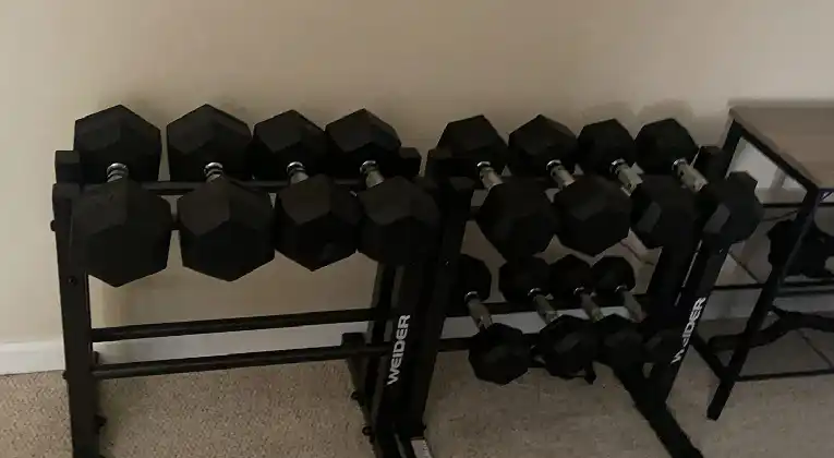 A Dmoose Hexa Dumbbells of multiple sizes on Weider dumbbell racks at the BBR testing facility.