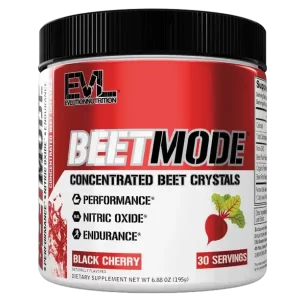 A container of evlution nutrition beetmode juice powder in black cherry flavor.