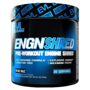 This is Evlution Nutrition Engn Shred Pre-Workout product tub which helps in energy focus & stamina.