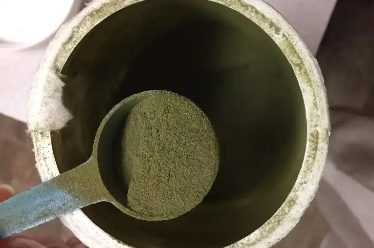a measuring spoon filled with a organifi green powder.