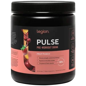 Legion Pulse Natural Pre-Workout is a powdered supplement designed to boost workout performance, build muscle strength, enhance energy and focus.
