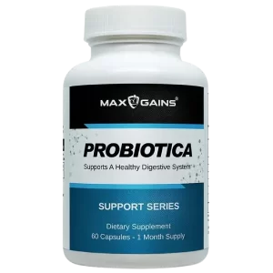 Max Gains Probiotica supports gut health with 40 billion CFUs of probiotic bacteria, maintaining a healthy gut lining and balancing good and bad bacteria.