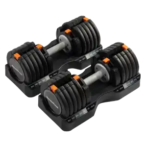  A pair of adjustable dumbbells resting side-by-side on a plain gray background.