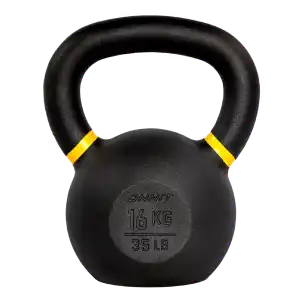 This is a Onnit kettlebell 16kg 35lb weight painted in black color with yellow strip.