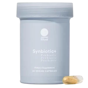 Ritual Synbiotic+ combines prebiotics, probiotics, and a postbiotic in a single formula to promote gut health.